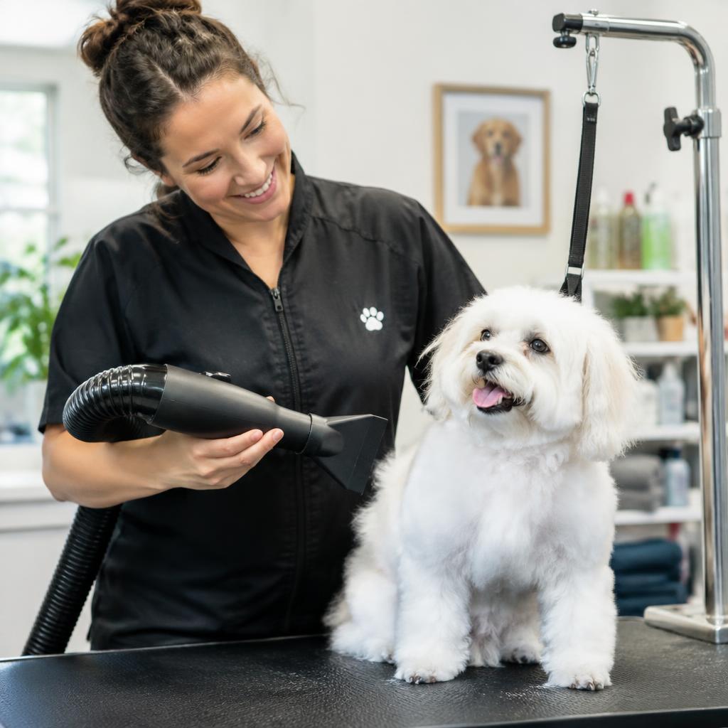 A groomer gently drying a small white dog
