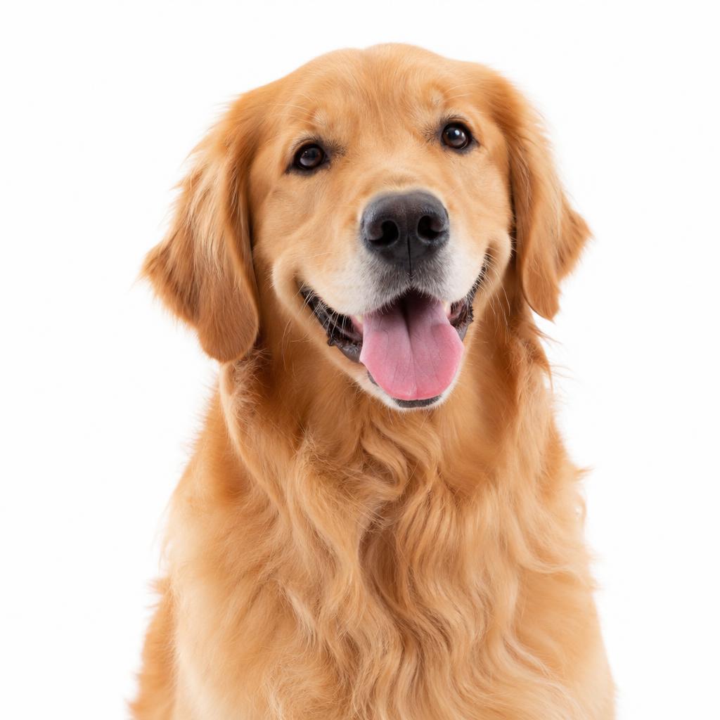 A smiling, freshly groomed golden retriever